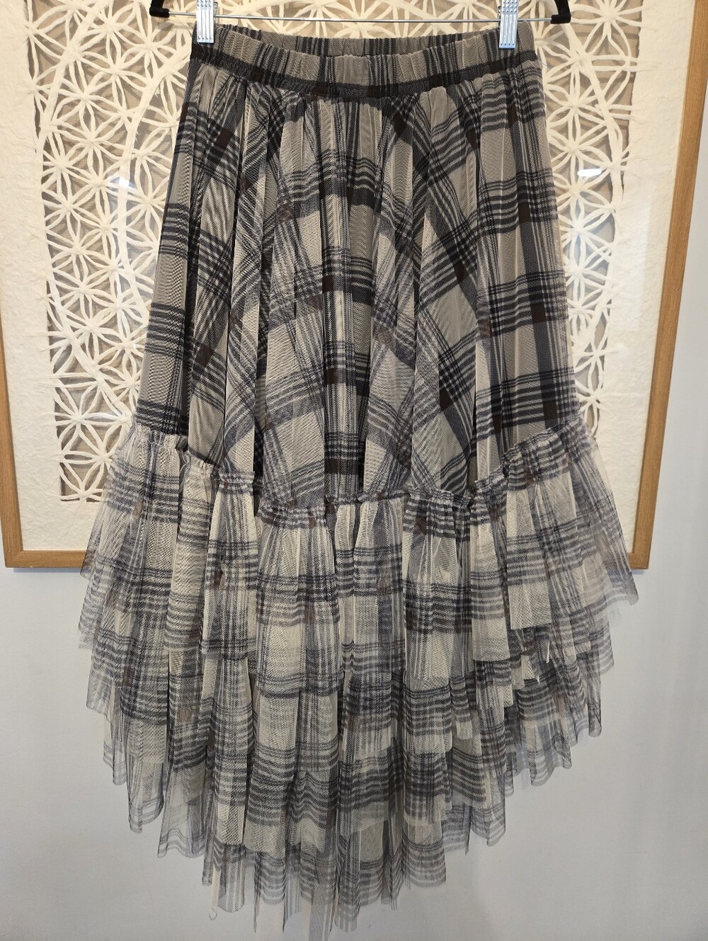 Kate Hewko Plaid High-Low Ruffle Tulle Skirt Gray Black One Size Statement - Picture 5 of 10